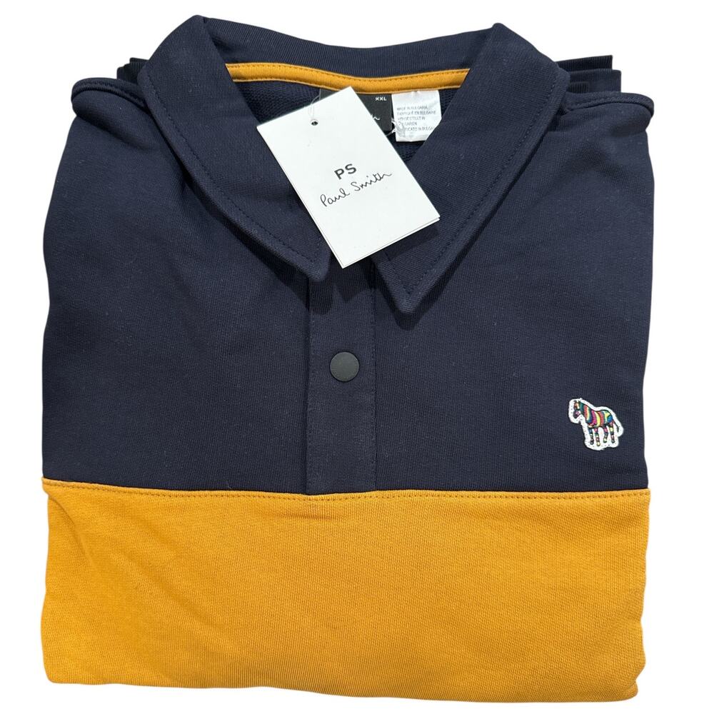PS by Paul Smith Men’s Colorblock Snap Collar Sweatshirt XXL Navy Mustard NWT